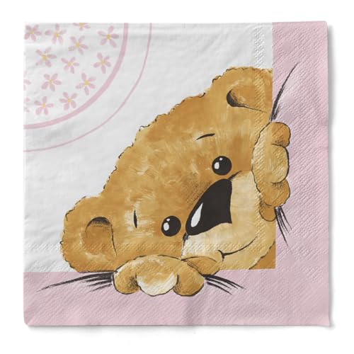 Sovie HOME Serviette Teddy | Tissue-Servietten 33x33 cm | saugstarke und hochwertige Einweg-Servietten | ideal für Geburtstag/Geburt | 20 Stück (Rosa) von Sovie Home