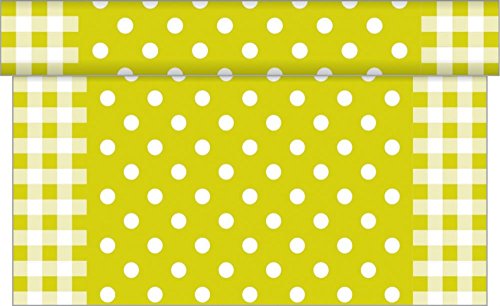 Sovie Home Tischläufer Anton KIWIGRÜN, Linclass Airlaid, 40cm x 4,80m, 1 Stück, perforiert alle 30cm, Design weiße Punkte Karobordüre, festlich modern, Landhausstil von Sovie Home