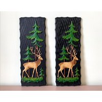 2 Hirsch Wandbehänge, Natur, Jagd, Udssr 1970Er Jahre Plastik, Sowjetunion Dekoration, Männerhöhle, Hütte, Wandkunst, Waldkunst von SovietHomeStuff