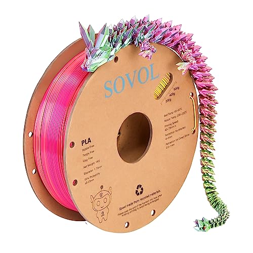Sovol Tri Color Silk PLA Filament 1.75mm, 3D Drucker Silk Filament 1kg (2.2LBS), Seiden Rosa/Blau/Gelb Dreifarbiges Coextrusion PLA Shiny Filament +/-0.03mm von Sovol