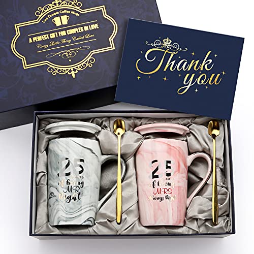 25 Years of Mr Mrs Tassen Hochzeitstag Geschenke für Paare, Eltern Großeltern Keramik Kaffeetassen Kaffeebecher Set Weihnachtsgeschenke, Tassen Set Jahrestag Geschenk für Ihn (14oz) von Sovyime