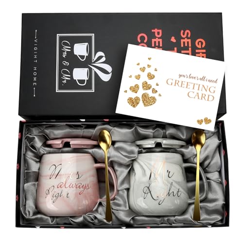 Mr Right und Mrs Always Right Paare Kaffeetassen Tassen Geschenke Set für Verlobung Hochzeit Brautdusche Braut und Bräutigam werden Jungvermählten Jubiläum - Keramik Marmor 13 Unze-Oval von Sovyime