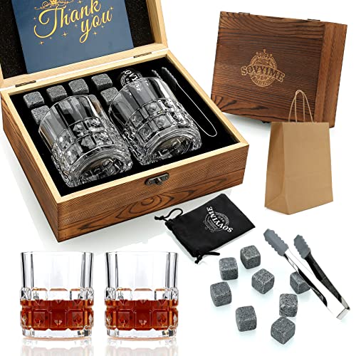 Whisky Steine Whisky Gläser, 2 Gläser, 8 Granit Whisky Eiswürfel, Holz Geschenkbox Geschenk für Whisky Liebhaber/Männer/Weihnachten/Geburtstag/Vatertag(310ml) von Sovyime