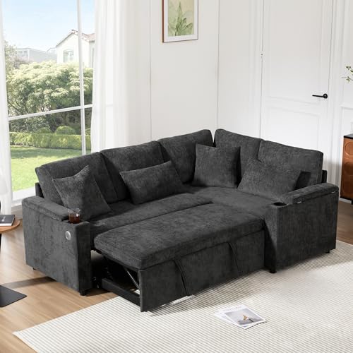 Ausziehbares Ecksofa, Schlafsofa mit Becherhalter, USB-Ladeanschluss, Armlehnenablage und Zwei Kissen, Sofa für Wohnzimmer, Gästezimmer, Heimkino und Apartment (Grau) von Soweiz