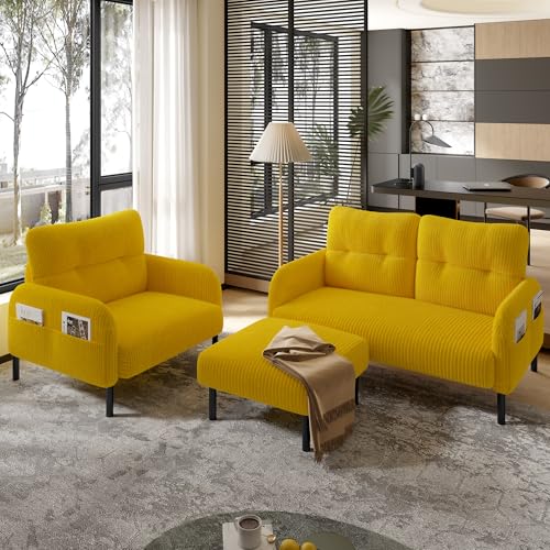 Cord 3er-Set: Sessel + Hocker + 2-Sitzer Sofa mit Seitentasche Stahlrohrgestell & extraweiche Rückenlehne Tiefe Sitzfläche für Komfort Modular kombinierbar für Wohnzimmer (Senfgelb) von Soweiz