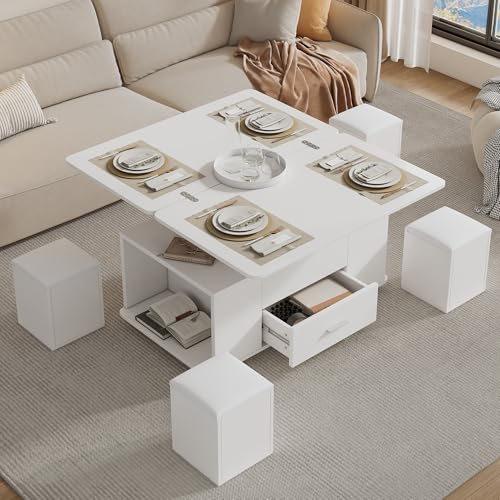 Couchtisch Höhenverstellbar, Beweglicher Sofatisch, 4-in-1-Multifunktions-Couchtisch Umwandelbar in Wohnzimmer-Esstisch,Couchtisch mit Schubladen, mit 4 Hockern,Weiß, 100 x 50 x 45 cm von Soweiz