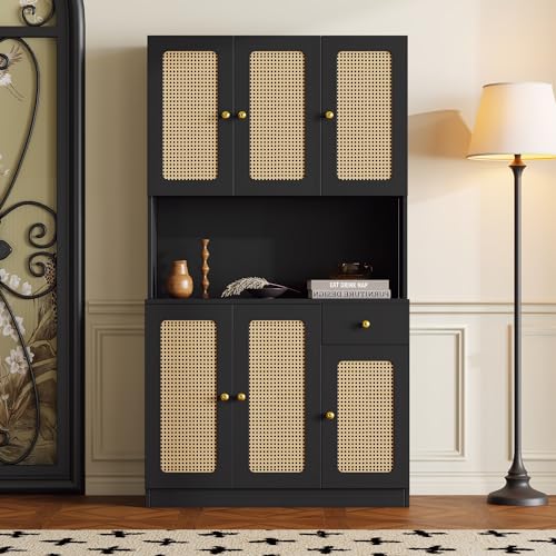 Elegantes Rattan-Highboard-mit 6 Rattantüren und Einer Schublade mit offenem Stauraum in der Mitte, Wohnzimmer-Sideboard, Eingangsschrank, Esszimmer-Highboard (schwarzes) von Soweiz