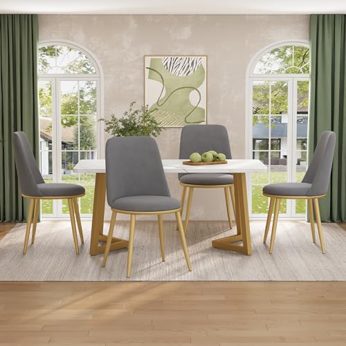 Essgruppe,(Set,117×68×75cm Esstisch mit 4 Stühlen), Moderner Küchentisch Set, Kunstleder aus PU Rundsitze,Stuhlbeine aus Golden Metall,MDF Tischplatte in Weißer (Samt, Grau) von Soweiz