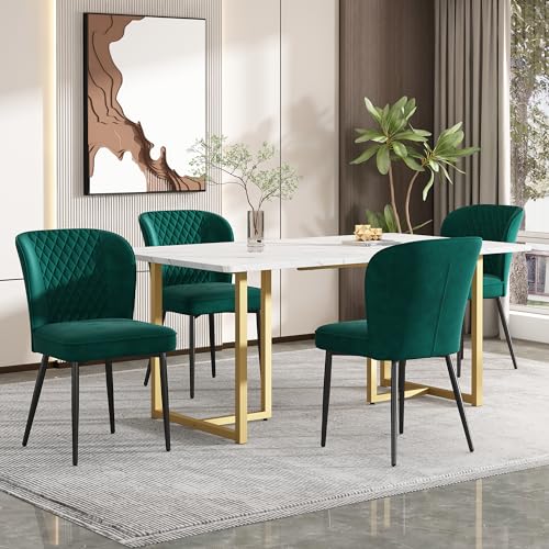 Essgruppe,(Set,140×80×75cm Esstisch mit 4 Stühlen),Dunkelgrün Samt Esszimmerstühle, Polsterstuhl Design Stuhl mit Rückenlehne,MDF Tischplatte in Weißer,L-förmig Tischbeine (Golden Tischbeine) von Soweiz