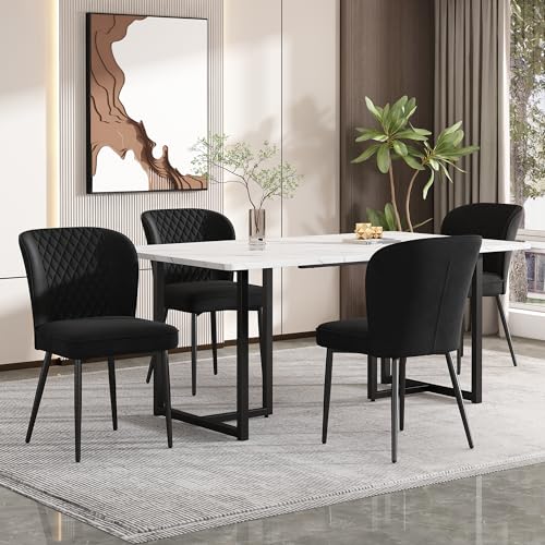Essgruppe,(Set,140×80×75cm Esstisch mit 4 Stühlen),Schwarz Samt Esszimmerstühle, Polsterstuhl Design Stuhl mit Rückenlehne,MDF Tischplatte in Weißer,L-förmig Tischbeine (Schwarz Tischbeine) von Soweiz