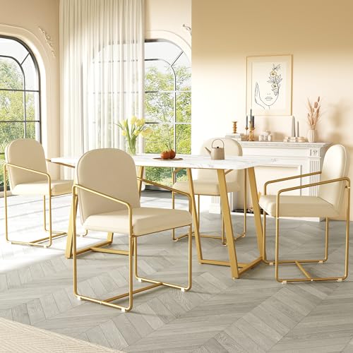 Essgruppe, (140×80cm), Esstisch mit 4 Esszimmerstühlen, goldene Beine Küche, Moderne Küche Esstisch-Set, MDF Tischplatte, Patchwork Tischplatte, weiße Samt Esszimmerstühle (Style 2) von Soweiz