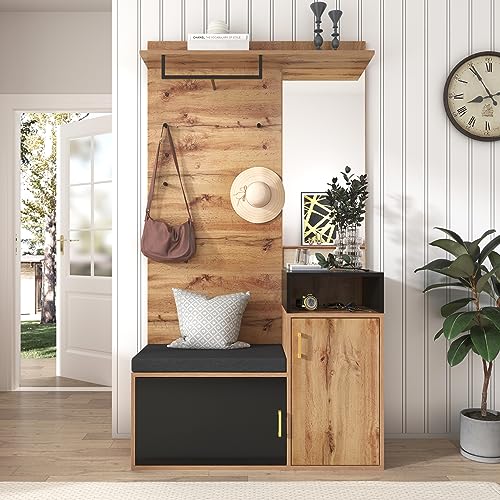 Garderoben-Set,mit 4 Kleiderhaken, Spiegel, Schuhschrank, Wandgarderobe, oberes Ablagefach, Flurgarderobe Sitzbank. (Not a one-Piece Product, Requires Drilling and Punching Holes in The Wall) von Soweiz