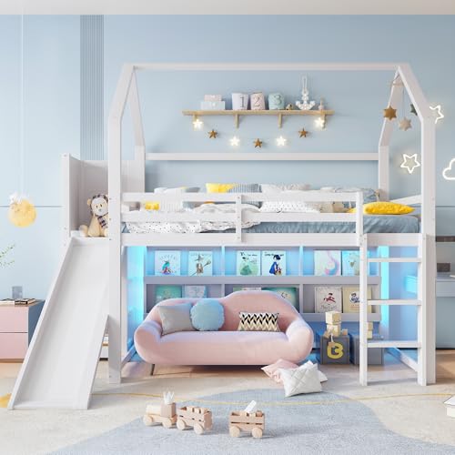 Hochbett, 90x200 cm, Kinderbetten mit Treppen und Rutschen, Holzbetten mit LED Leiste, Hausform, Regale, Zaun, ohne Matratze, weiß von Soweiz