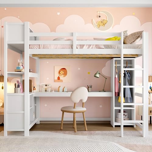 Hochbett, Kinderbett 140x200 cm, Regale, mehrere Ablagefächer, Schreibtisch, Kleiderschrank, Bett für Jungen und Mädchen, ohne Matratze, Weiß von Soweiz