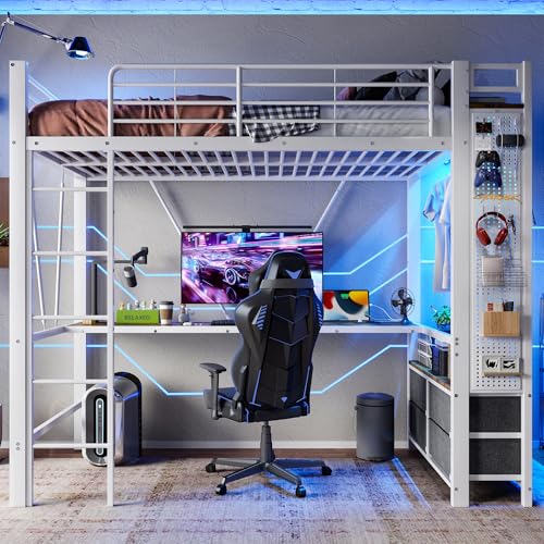 Hochbett 90 x 200cm, Eisenrahmen Mit Schreibtisch, Mit Trockenstab, Mit Einlegeböden, 4 Schubladen, Mit USB+Type-C Steckdose, LED-Leiste, Geländer, Trittleiter, mit Lochbrett (Weiß) von Soweiz