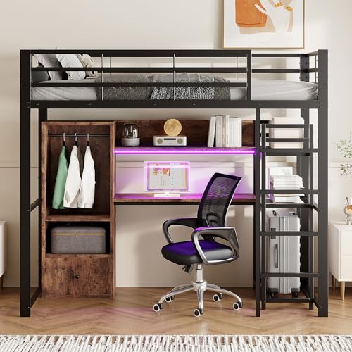 Hochbett 90x200cm, Metallbett, Kinderbett Mit LED-Leuchten, Schreibtisch, 1 Schubladen, Regale, Geländer, Treppe, ohne Matratze, Schwarz von Soweiz