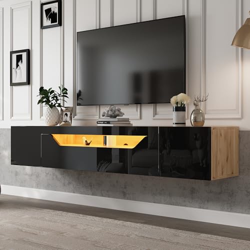 Hochglanz-TV-Schrank mit LED-Licht, Fernsehschrank mit 3 Staufächern Lowboard, Hängeboard schwebend, Fernsehtisch,wandmontierbar, Schwarz + Original Holzfarbe, 180x37x36cm Hochglanz-TV-Schrank mit LED-Licht, Fernsehschrank mit 3 Staufächern Lowboard, Hängeboard schwebend, Fernsehtisch,wandmontierbar, Schwarz + Original Holzfarbe, 180x37x36cm von Soweiz