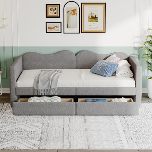 Kinderbett Polsterbett 90x200 cm, Sofabett mit 2 Schubladen, Bettrahmen Teddybärstoff, Multifunktionsweichbett mit Rückenlehne und Armlehnen, Jugendbett Gästebett (Grau) von Soweiz