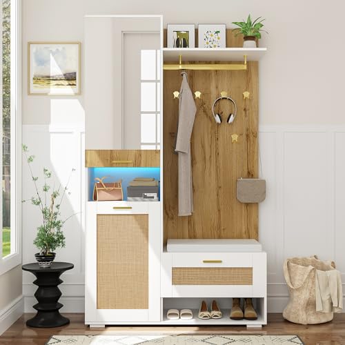 Kleiderschrank-Set mit Spiegel, 5 Goldenen Kleiderhaken, Schuhschrank, Wandgarderobe, oberem Stauraumfach, Sitzbank und 16-Farbiger LED-Beleuchtung, 110 L x 38 B x 190 H von Soweiz