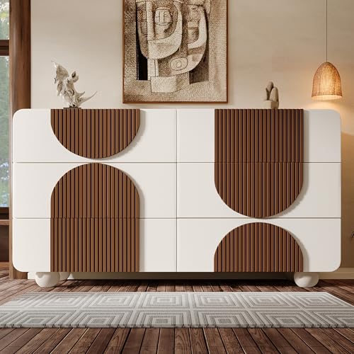 Kommode mit 6 Schubladen, Sideboard in Weiß mit schokoladenfarbenen Holzleisten, Leise Schiebe-Schubladen & Kippsicherung, 121x41x71 cm von Soweiz