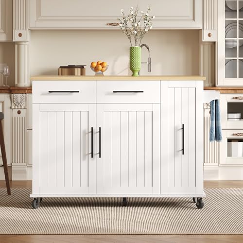 Kücheninsel mit Drop Leaf, Storage Cart mit 3 Tier Pull Out Cabinet Organizer, Internal Storage Rack, Rolling Cart auf Rädern mit Handtuchhalter & 2 Schubladen für Esszimmer, Weiß von Soweiz