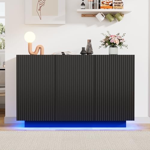 LED Kommode Sideboard mit Beleuchtung Schwarz Marmor Optik Smart Wohnzimmerschrank Bluetooth Steuerung Vertikale Streifen Anrichte 120 x 40 x 75 cm von Soweiz