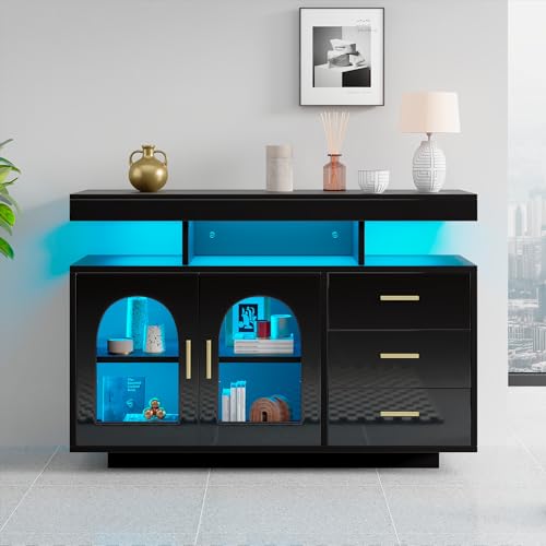 LED-Sideboard-Buffetschrank, 120 cm großer Kaffeebarschrank, Schubladenschrank, Sideboard Wohnzimmer, Hochglanz-Küchenschrank mit 16-Farben-Lichtern (Schwarz) von Soweiz