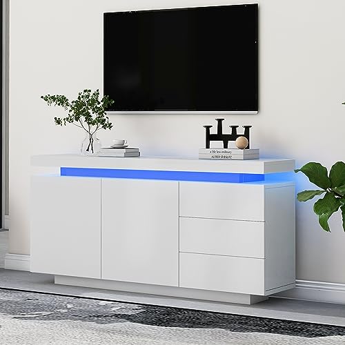 Modern Sideboard Schrank Wohnzimmer Beistellschrank Kommode Highboard Anrichte Möbel 2 Türen 3 Schubladen Hochglanz Sideboard mit LED Licht Grifflose 140x35x72.5cm-Weiß von Soweiz