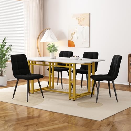 Moderne Küche Esstisch Set, 120x70cm Golden Esstisch mit 4 Stühlen Set, Samt Esszimmerstühle, Golden Eisen Beintisch (Leinen, Dunkelgrauer) von Soweiz