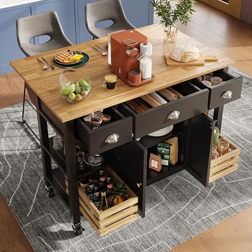Moderne Kücheninsel Essschrank Esszimmerwagen Holzmaserung Esszimmerschrank Multifunktions-Esstisch mit Kiefernkorb Aufbewahrungskorb, 120×45×90cm (Schwarz) von Soweiz