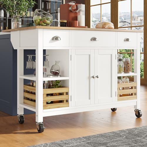 Moderne Kücheninsel Essschrank Esszimmerwagen Holzmaserung Esszimmerschrank Multifunktions-Esstisch mit Kiefernkorb Aufbewahrungskorb, 120×45×90cm (Weiß) von Soweiz