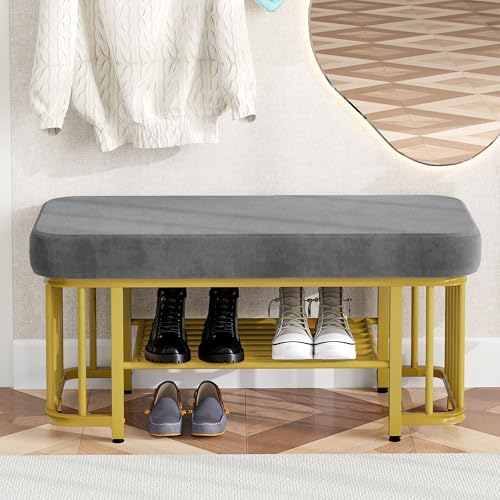 Moderne Schuhbank mit Sitzfläche aus Samt und stabilem Metallgestell Platzsparende Flurbank mit verstellbaren Füßen Ideal als Schuhbank für Flur Schlafzimmer (Grau+Gold) von Soweiz