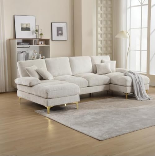 Moderne große Chenille-Stoff U-förmige Kombination Sofa mit Doppel Toffee Stuhl und Memory-Schaum 272x136x88cm Geräumige Möbel (Chenille, Beige) von Soweiz