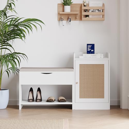 Moderne multifunktionale Schuhbank Schuhablage mit großem Stauraum - Schuhschrank mit bequemer Sitzfläche und Schuhspiegel, Größe: B100/H62,5/T38 cm (White) von Soweiz