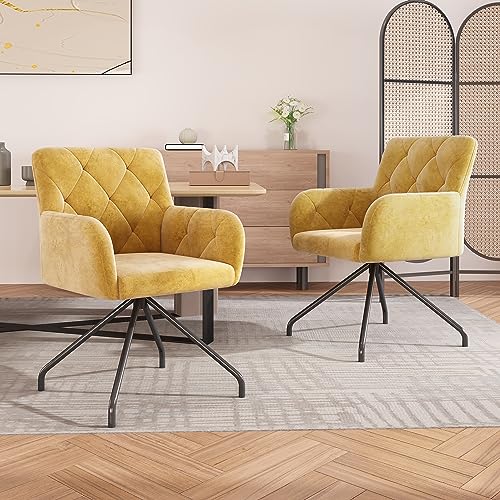 Moderner Lounge-Stuhl, 2er Set Esszimmerstühle mit Rautenmuster,Gepolsterter Sessel mit 4 Metallbeinen,Stuhl für Shlafzimmer,Arbeitzimmer,aus Schwam und Samt,gelb von Soweiz