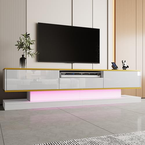 Moderner TV-Schrank mit DREI Schubladen und einem offenen Fach - Hochglanz mit farbwechselnden LED-Leuchten, 180x38x45cm (Weiß) von Soweiz