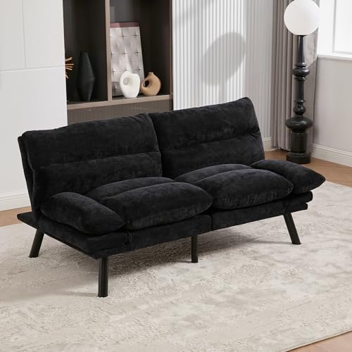 Moderner Zweisitzer Sofa mit Verstellbarer Rückenlehne und Armlehnen sowie Metallbeinen Komfort und Stabilität, ergonomischem Design, luftdurchlässiger Sitzfläche (Chenille, Schwarz) von Soweiz