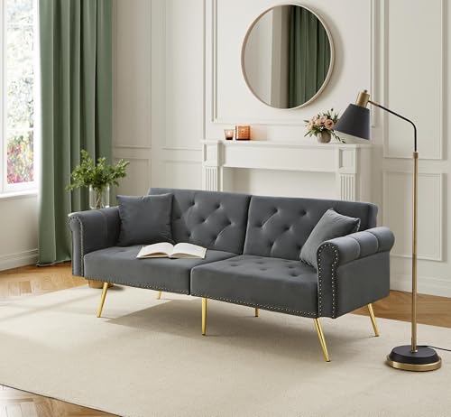 Modernes 2-Sitzer-Schlafsofa–Samtbezug, Rückenlehne mit 3-stufiger Verstellung & vergoldete Metallfüße Sofa mit Schlaffunktion–platzsparend, 173x75x70cm (Grau) von Soweiz