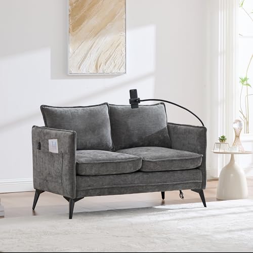 Modernes Doppelsofa Kleines Stoffsofa Sessel mit Lagerung Seitentasche + einstellbare Handy-Halter Geeignet für Wohnzimmer/Schlafzimmer/Balkon, 127x69x66cm (Grau) von Soweiz