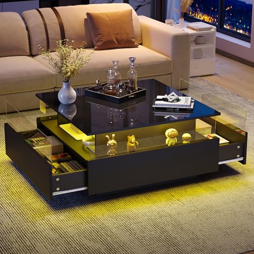 Modernes Hochglanz-LED-Couchtisch Kaffeetisch mit 2 Schubladen und transparentem Präsentationsbereich,Stauraum, stabil und langlebig – Belastbar bis 30 kg, ideal für Wohnzimmer, 70x70x41cm (Schwarz) von Soweiz