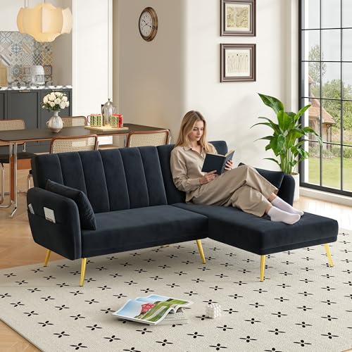 Modernes Klappsofa, L-förmiges Sofa, Schlafsofa mit Zusatzecke, Ecksofa mit Schlaffunktion, geeignet für Wohnzimmer, Schlafzimmer, Heimkino, Gästezimmer (Schwarz) von Soweiz