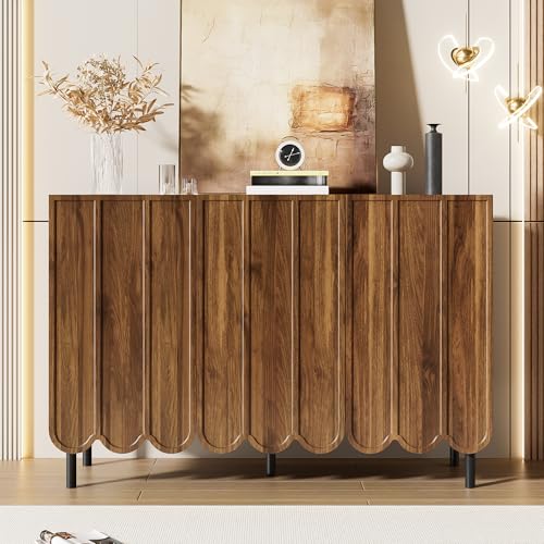 Modernes Sideboard mit Wellentüren – Küchenschrank 120x35x80 cm – grifflos, verstellbare Regale – Stauraum für Wohnzimmer, Flur & Esszimmer (Holzfarbe) von Soweiz