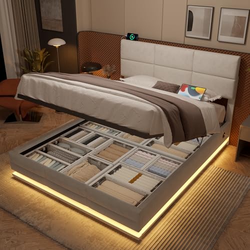 Modernes Velours-Polsterbett mit höhenverstellbarem Kopfteil - Inkl, USB/Type-C-Anschlüssen, LED-Ambientebeleuchtung, hydraulischem Lift-System, 140x200 cm (Beige) von Soweiz