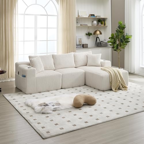 Modulares Sofa mit Chaiselongue & 2-Sitzer, weicher Cordbezug, mit 5 Kissen, seitliche Taschen Getränkehalter, hochdichter Schaumstoff, DIY-Kombination, für Wohnzimmer, Apartment (Beige) von Soweiz