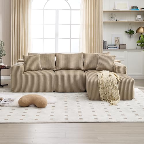 Modulares Sofa mit Chaiselongue & 2-Sitzer, weicher Cordbezug, mit 5 Kissen, seitliche Taschen Getränkehalter, hochdichter Schaumstoff, DIY-Kombination, für Wohnzimmer, Apartment (Khaki) von Soweiz