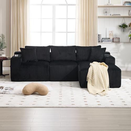 Modulares Sofa mit Chaiselongue & 2-Sitzer, weicher Cordbezug, mit 5 Kissen, seitliche Taschen Getränkehalter, hochdichter Schaumstoff, DIY-Kombination, für Wohnzimmer, Apartment (Schwarz) von Soweiz