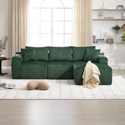 Modulares Sofa mit Chaiselongue & 2-Sitzer, weicher Cordbezug, mit 5 Kissen, seitliche Taschen Getränkehalter, hochdichter Schaumstoff, DIY-Kombination, für Wohnzimmer, Apartment (Smaragd) von Soweiz