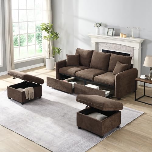 Multifunktionale Ecksofa U-Form-Dreisitzer Polster-Sofa, Inklusive Schubladen, Hocker mit Staufach, modular zerlegbares Sofa-Set mit Schlaffunktion,188x82x86cm (Braun (Chenille-Bezug)) von Soweiz