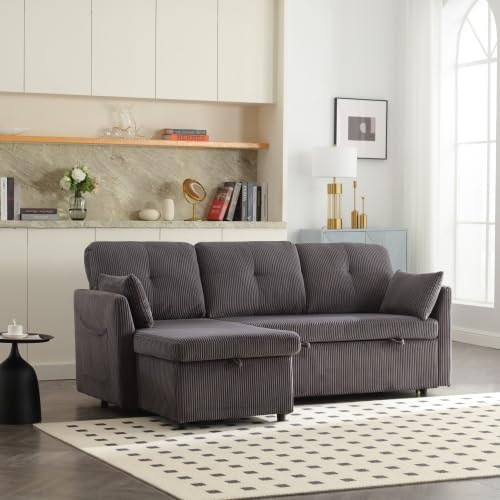 Multifunktionales Schlafsofa mit ausziehbarem Bett, Schlafsofa mit austauschbarer Chaiselongue, Sofagarnitur mit Aufbewahrungssitz, L-förmiges Sofa, Ecksofagarnitur für Wohnzimmer (Dark Gray) von Soweiz