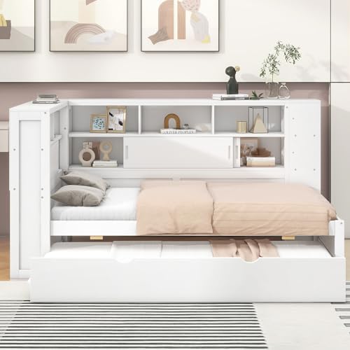 Tagesbett 90x200cm(90x190cm) Kinderbett, Plattformbett mit Ausziehbett, Plattformbett mit Staufach mit USB (Weiß) von Soweiz